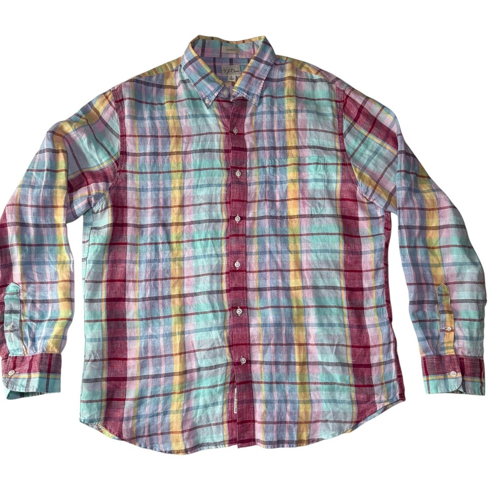 J.Crew Irish Linen Shirt Mens L Multi Color Excellent Plaid Button Down BE554